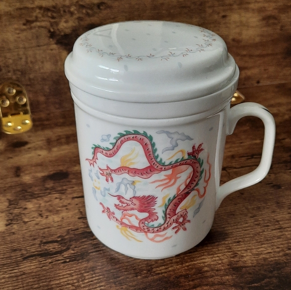 Asian Themed DRAGON Porcelain Tea Cup Diffuser 3-Piece. Cup, Lid, and Strainer - Picture 1 of 8